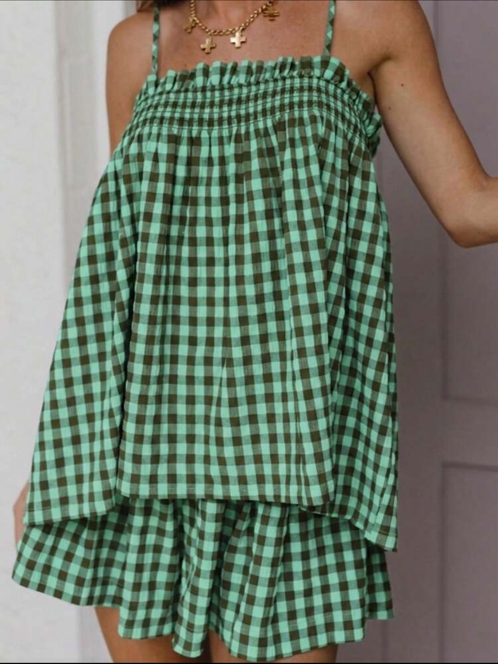 Smocked Green Gingham Mini Skirt